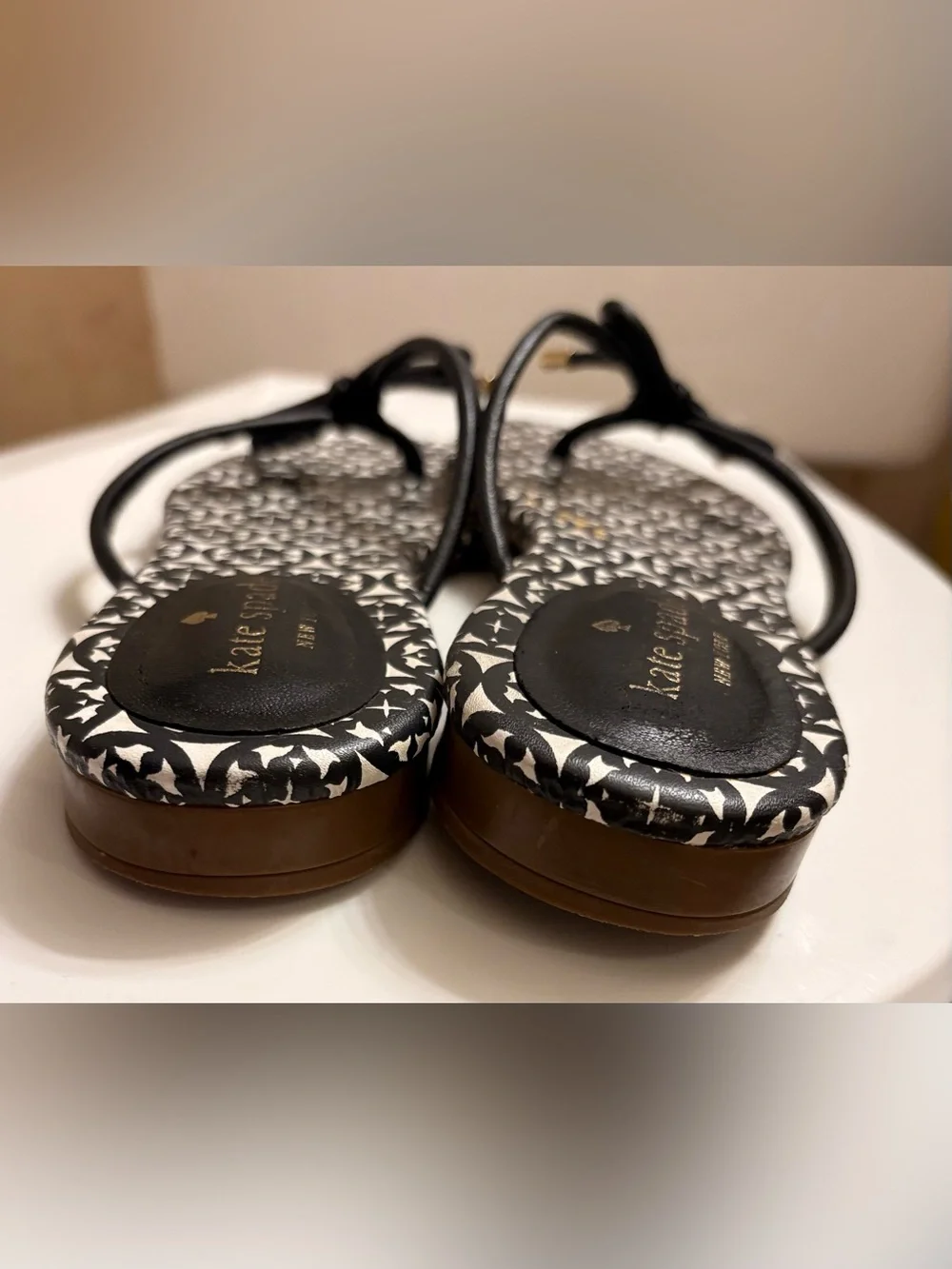 kate spade Black & White Patterned Bow Sandals with Gold Accents